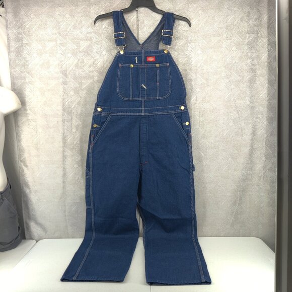 Dickies Overalls Mens 38x32 Blue Denim Bib Workwear Hammer Carpenter Zip Fly - Picture 1 of 16